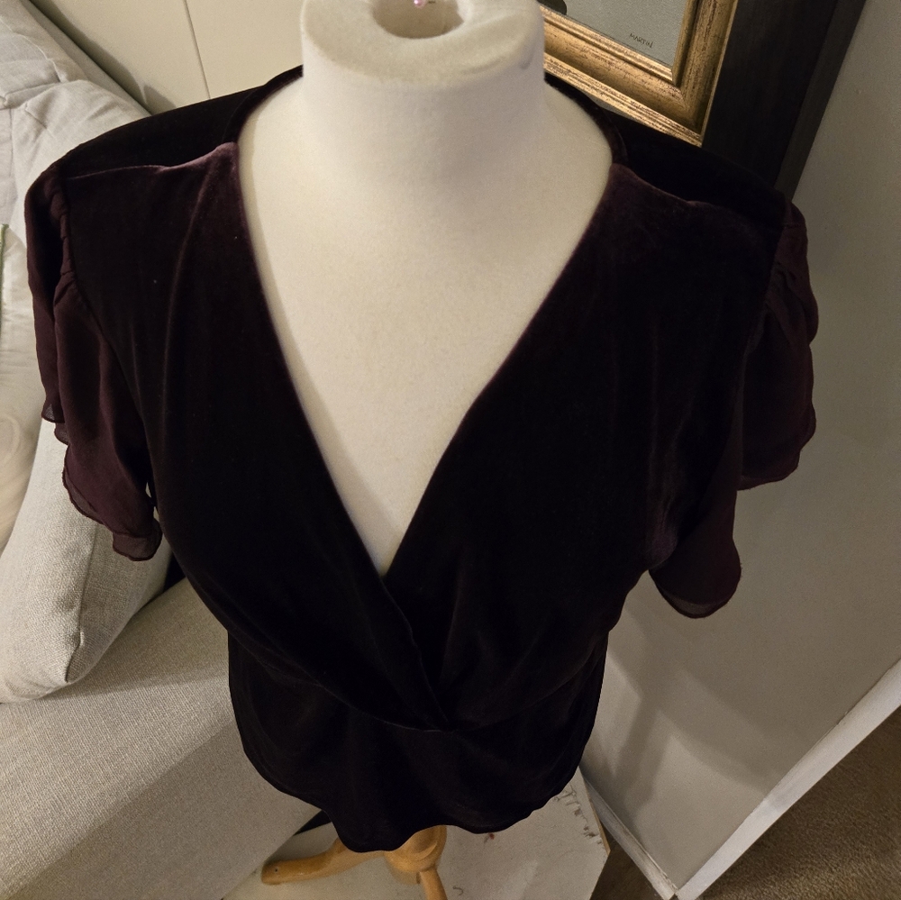 Ralph LaurenElegant Velvet V-Neck Top - Burgundy - Picture 2 of 3
